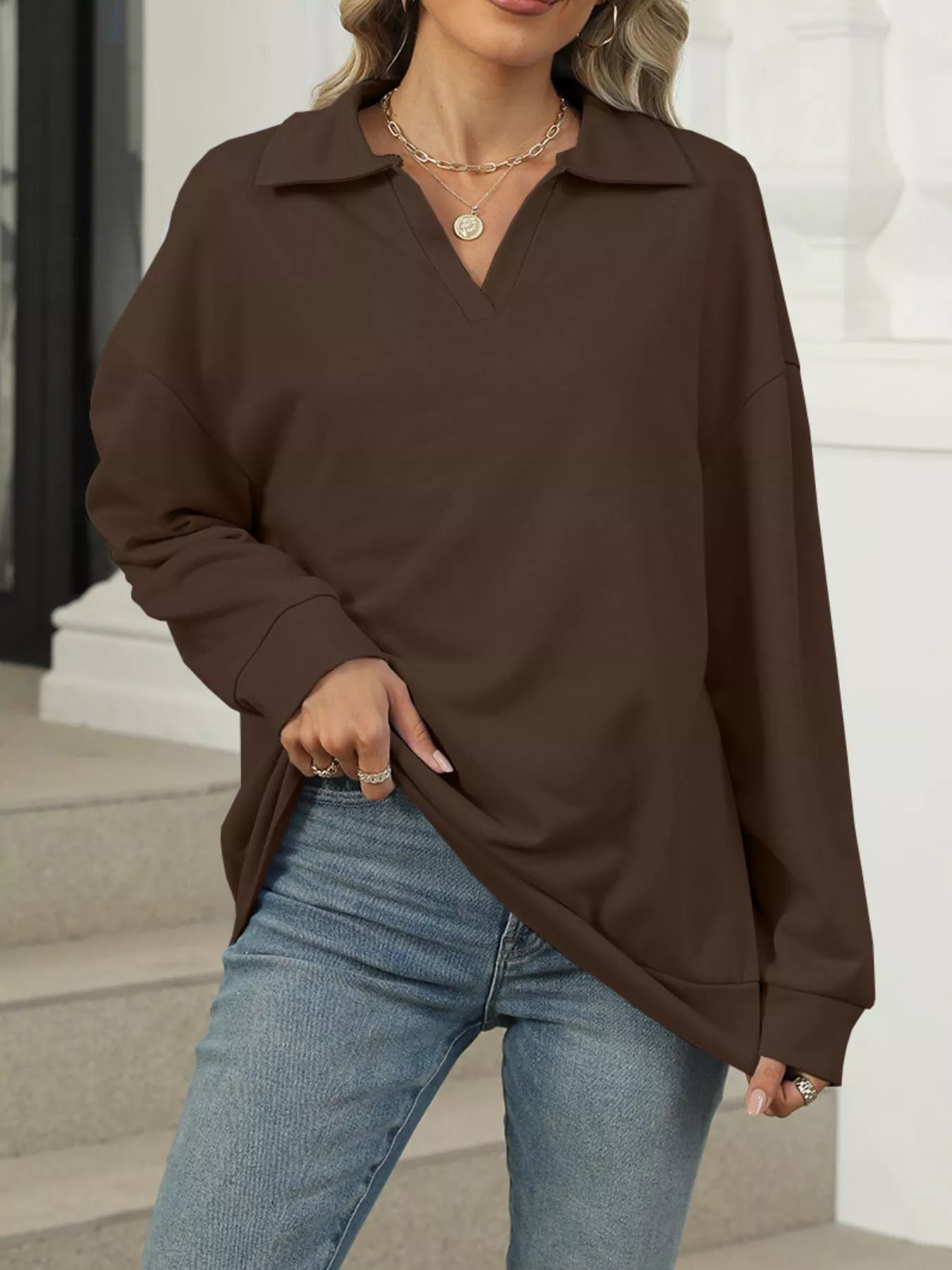 Johnny Collar Long Sleeve Sweatshirt – Casual Chic & Cozy