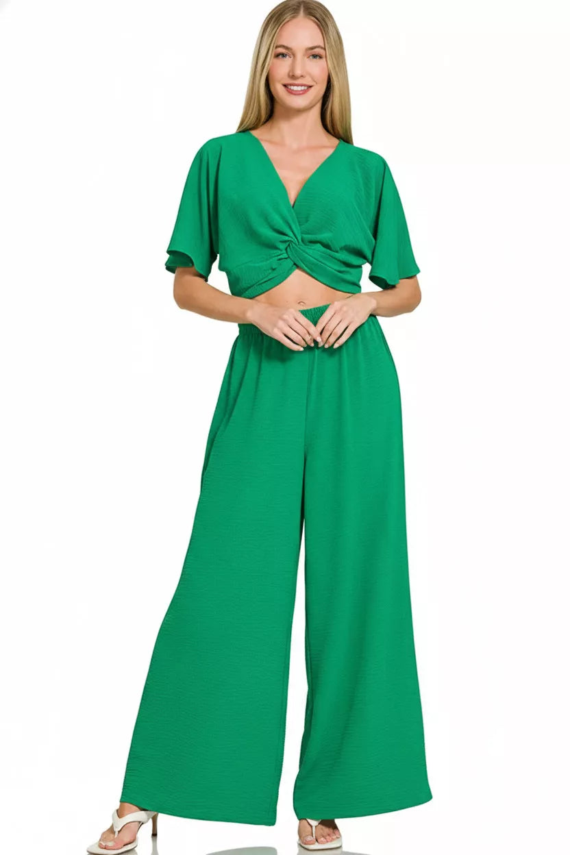 Women's green twisted-front crop top and wide-leg pants set, short sleeves, elastic waist