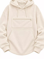 Cream cat-pouch hoodie close-up: front zip pocket and kangaroo pouch
