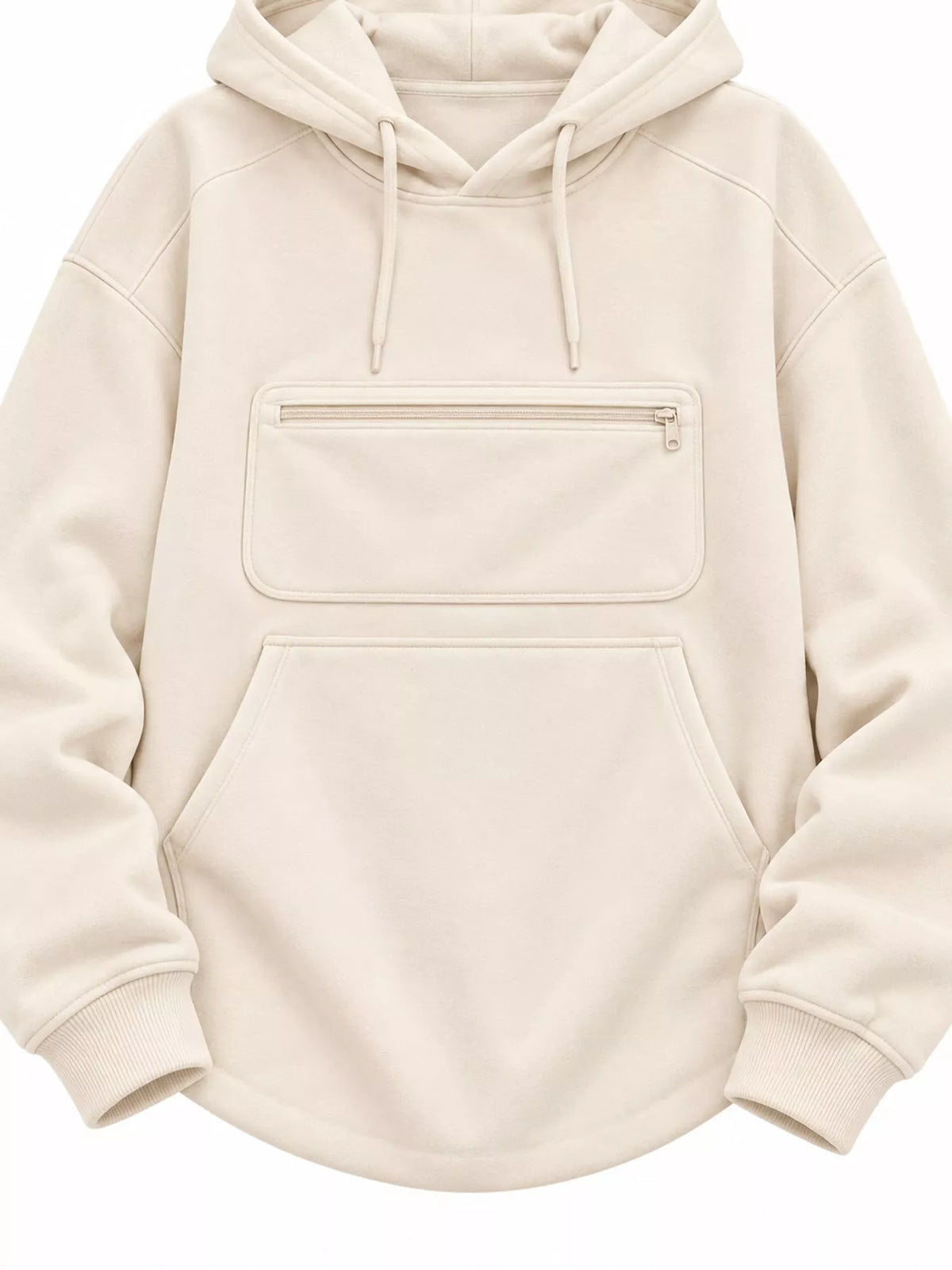 Cream cat-pouch hoodie close-up: front zip pocket and kangaroo pouch