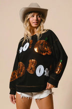 Halloween Sequin Pumpkin & Ghost Sweatshirt – Oversized Black Pullover