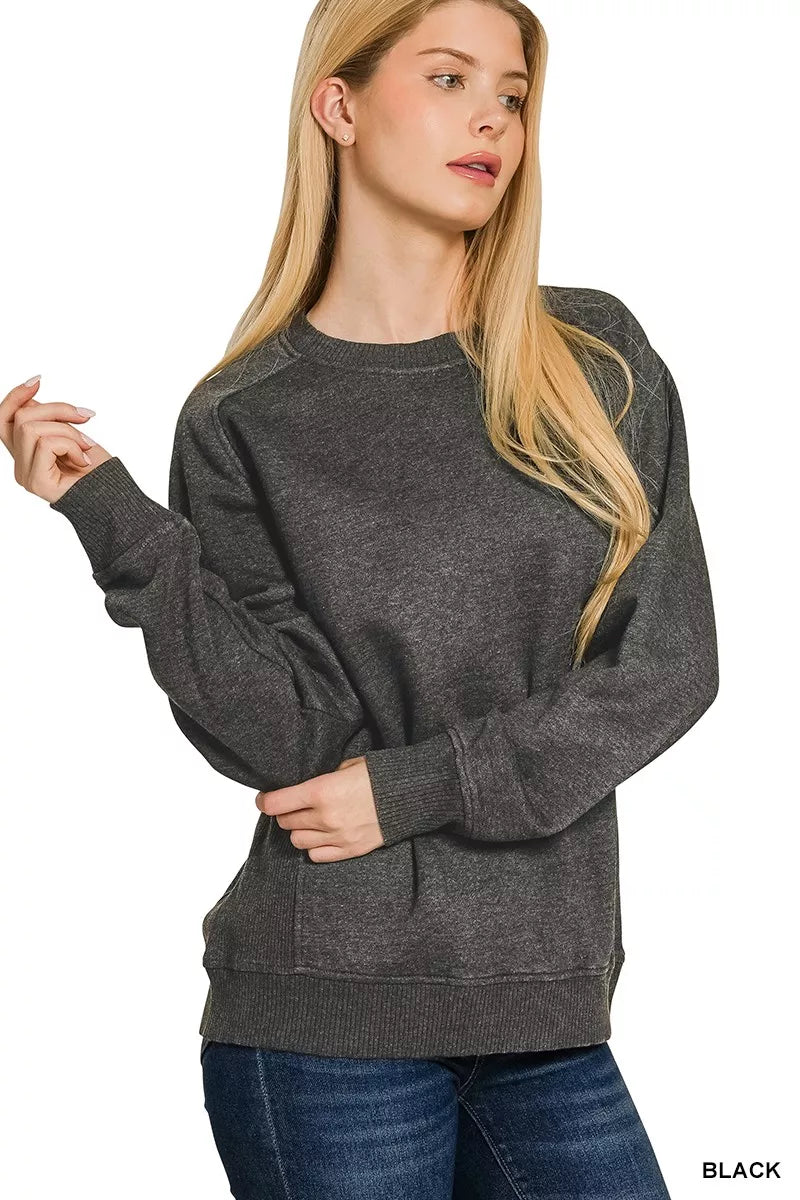 Zenana Acid Washed Fleece Sweatshirt – Soft Vintage Style with Side Rib