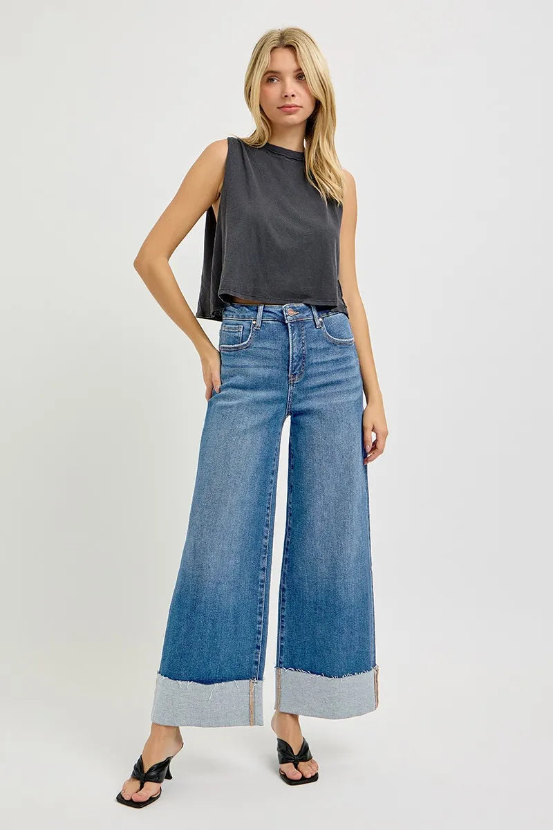 Tummy Control High Rise Crop Wide Cuffed Jeans | Slimming Trendy Fit
