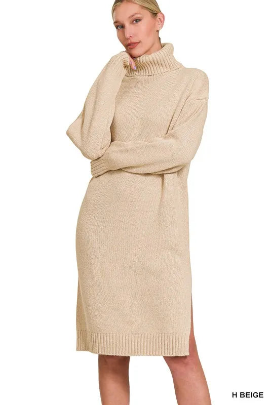 Turtle Neck Long Sleeve Midi Sweater Dress – Cozy & Chic