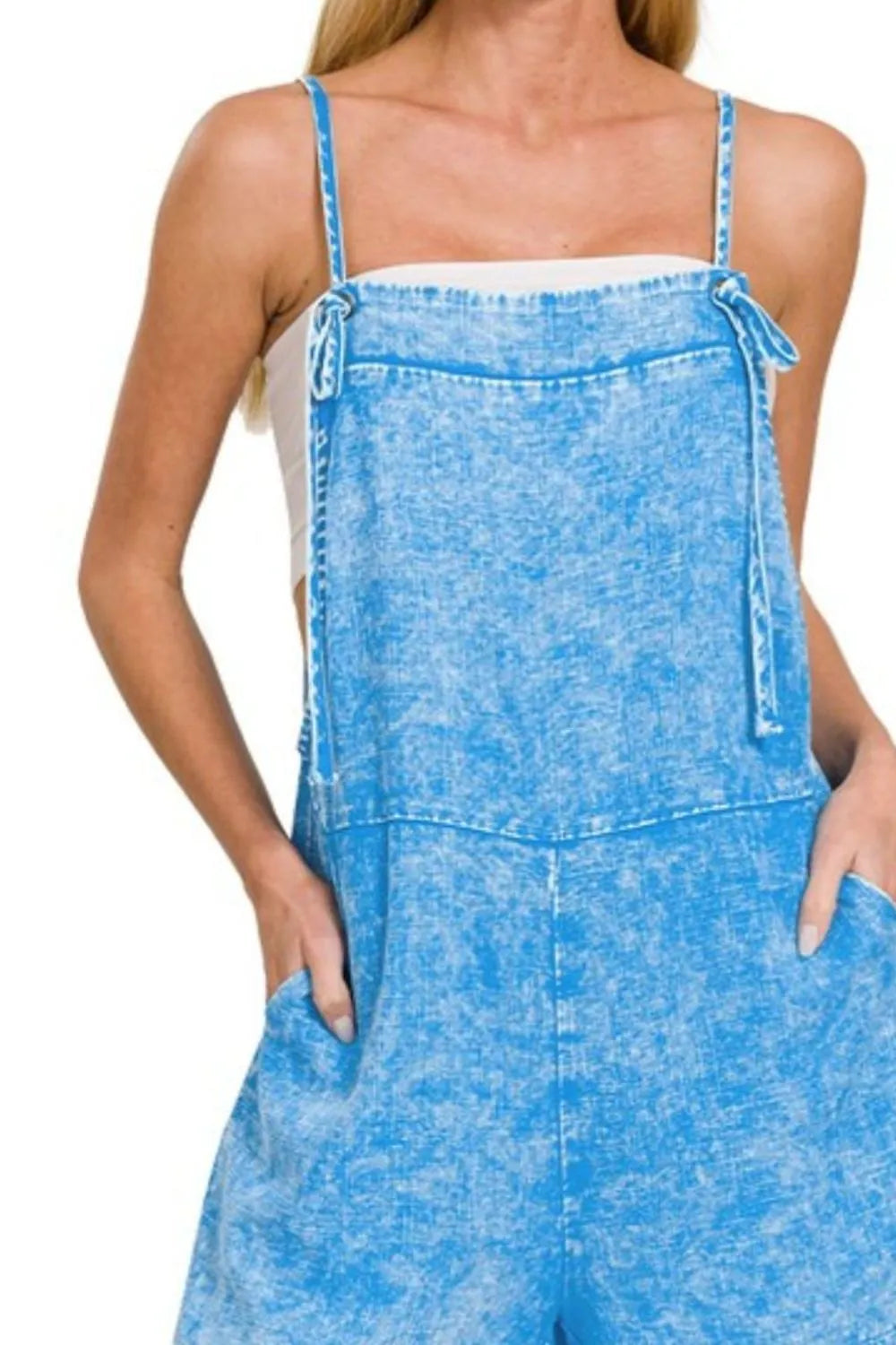 Deep Sky Cotton Romper – Vintage Wash, Pockets & Adjustable Straps