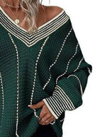 Dark green V-neck textured knit sweater with white striped trim and cuffs