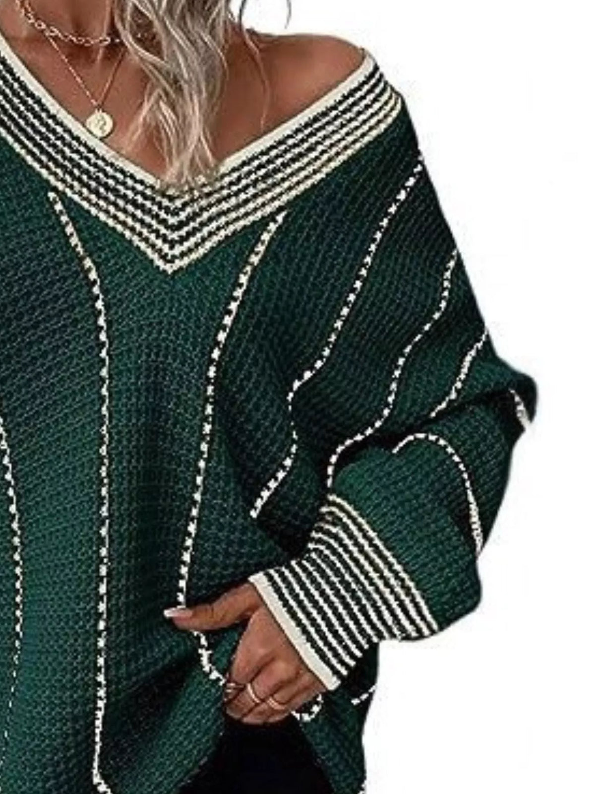 Dark green V-neck textured knit sweater with white striped trim and cuffs