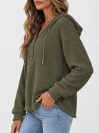 Olive green waffle-knit button hoodie with hood, long sleeves, and front button placket
