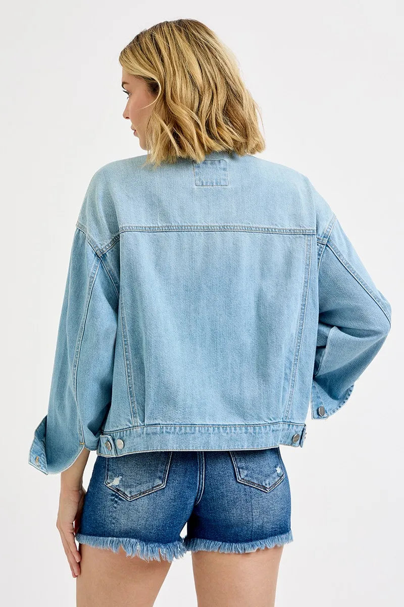 Oversized Light Wash Denim Jacket – Trendy Boyfriend Fit Layering Piece