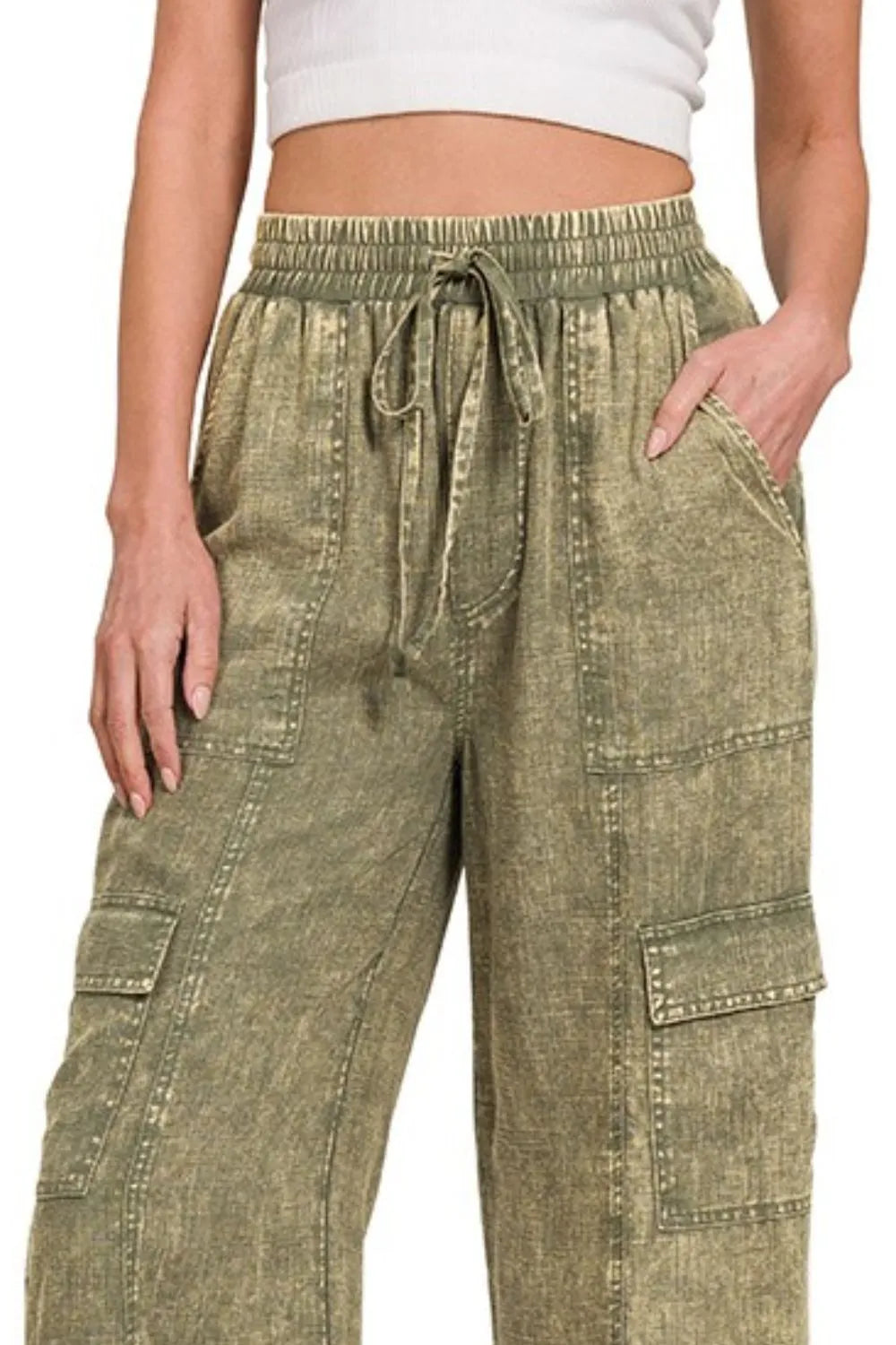 Washed Linen Cargo Pants – Relaxed Fit, Elastic Waist & On-Trend Style
