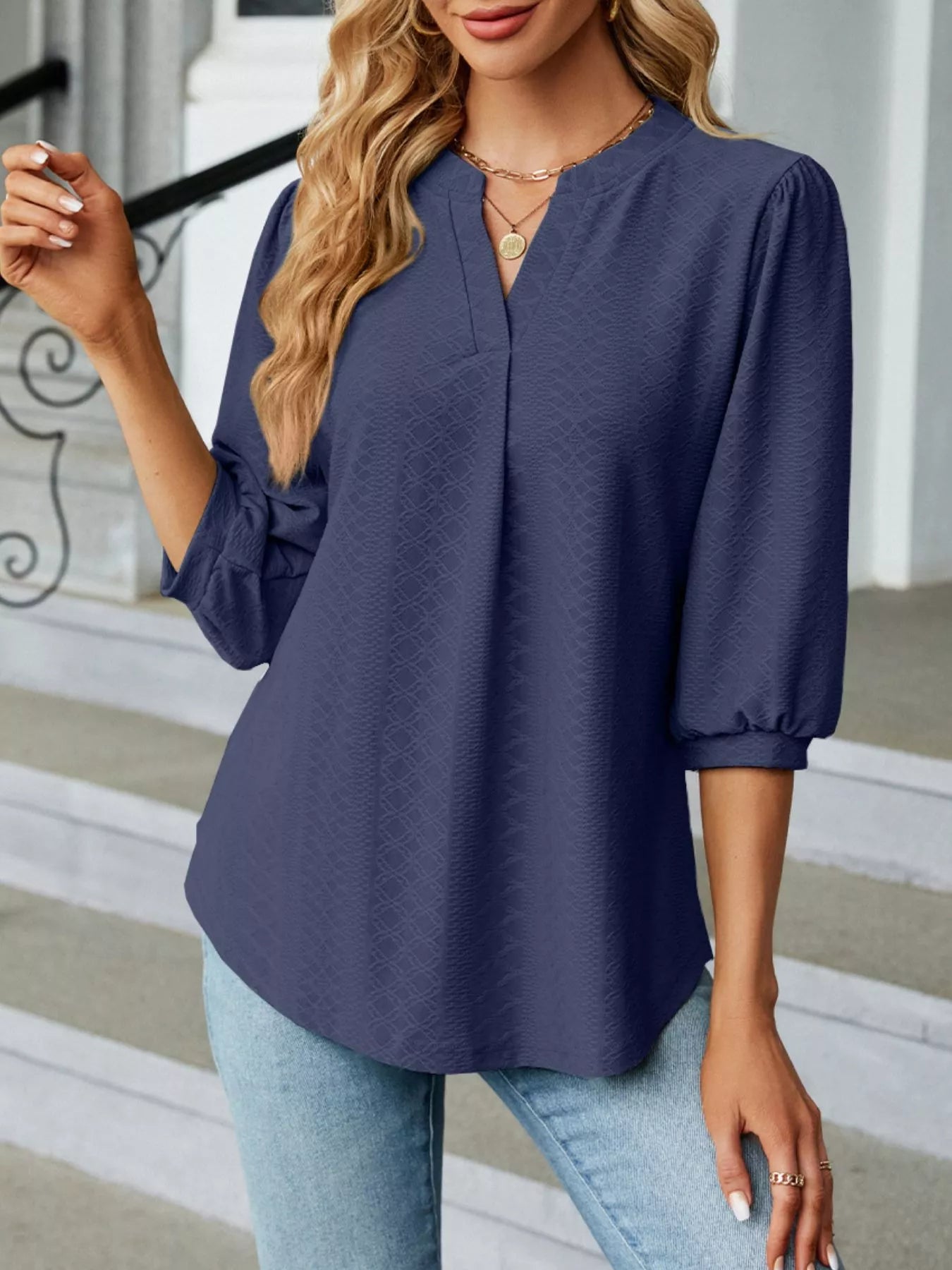 Notched 3/4 Sleeve Casual Top – Effortless Everyday Style