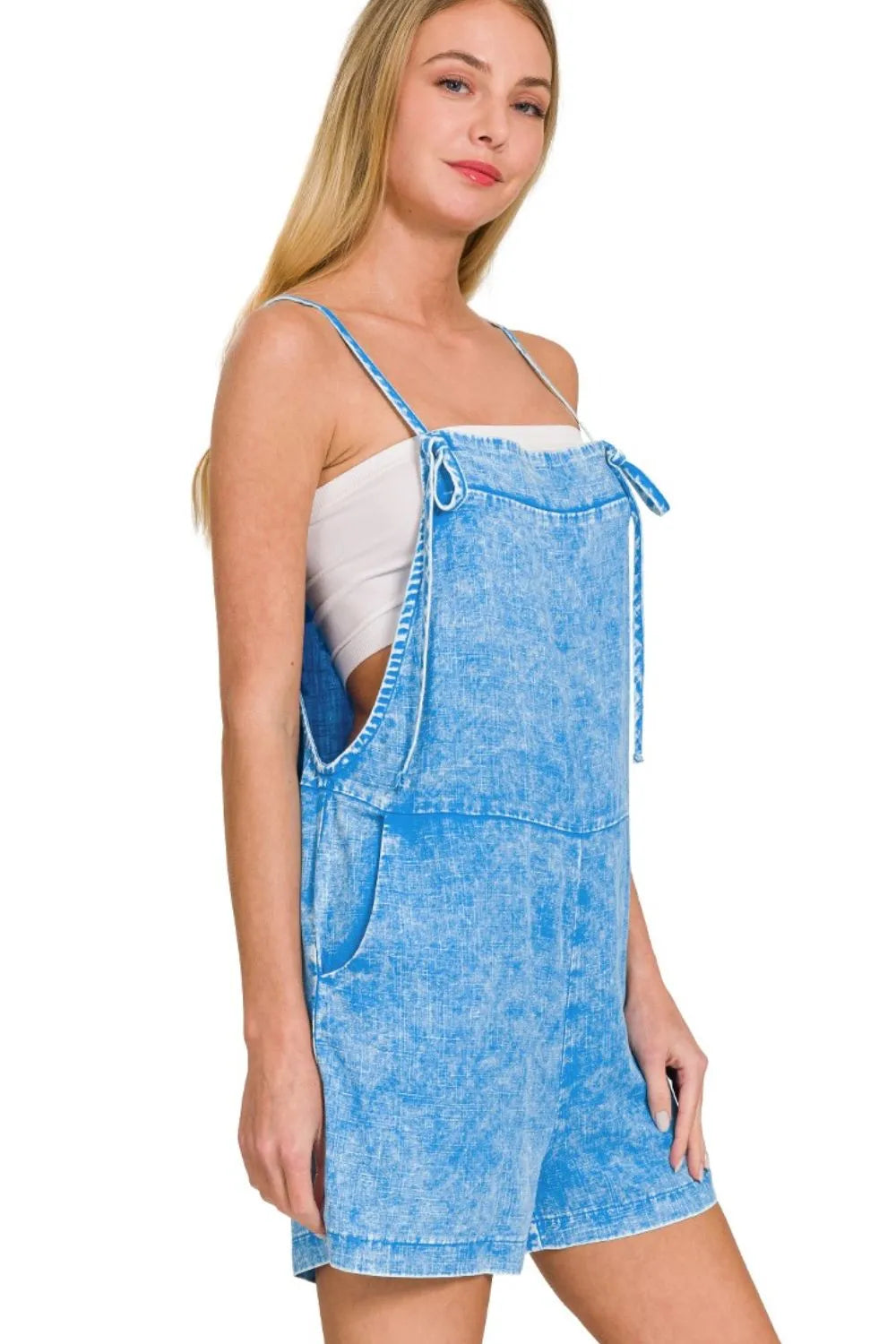 Deep Sky Cotton Romper – Vintage Wash, Pockets & Adjustable Straps
