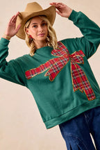 BiBi Plaid Ribbon Bow Christmas Fleece Pullover – Festive Cozy Holiday Top