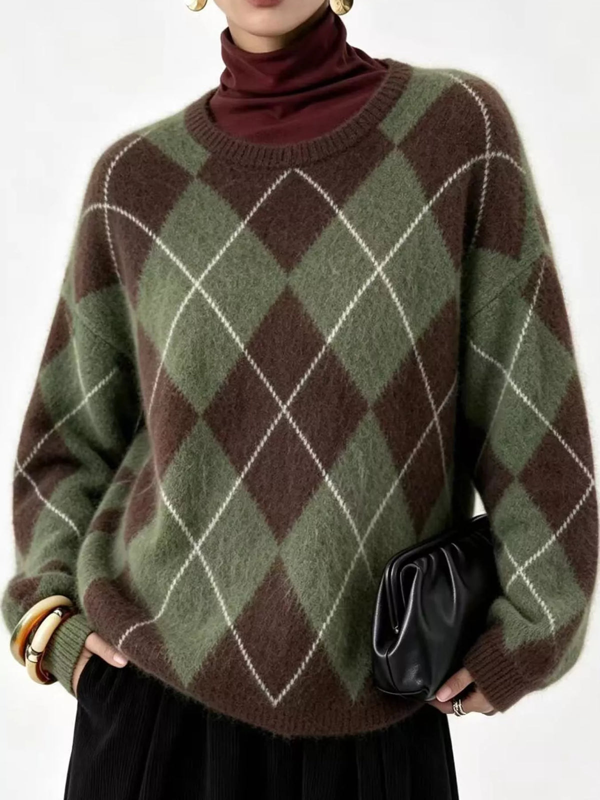Fuzzy argyle knit sweater in green and brown with white diamond pattern and ribbed crew neck