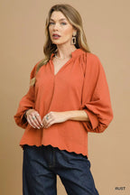 Umgee Textured Blouse with Balloon Sleeves & Scalloped Hem