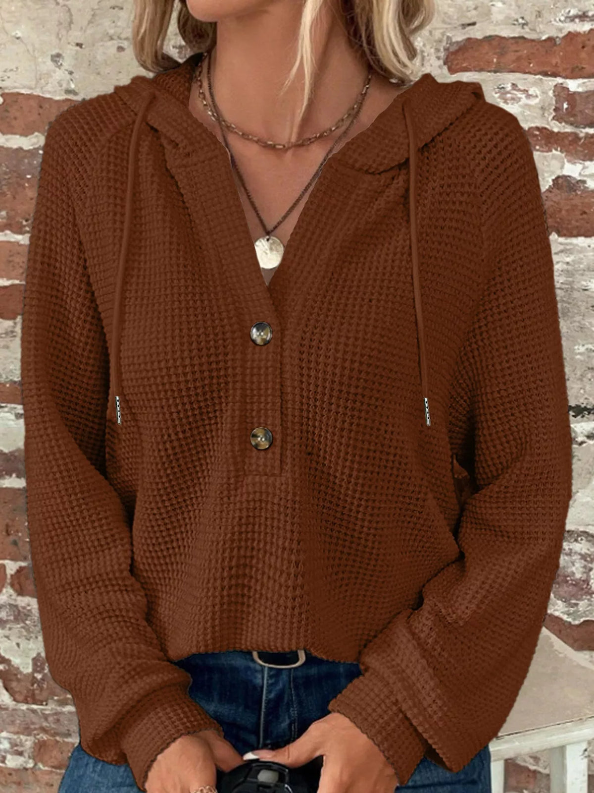 Brown waffle-knit button hoodie with hood and drawstring, front button placket