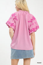 Peony pink embroidered flutter-sleeve top, back view with gathered neck
