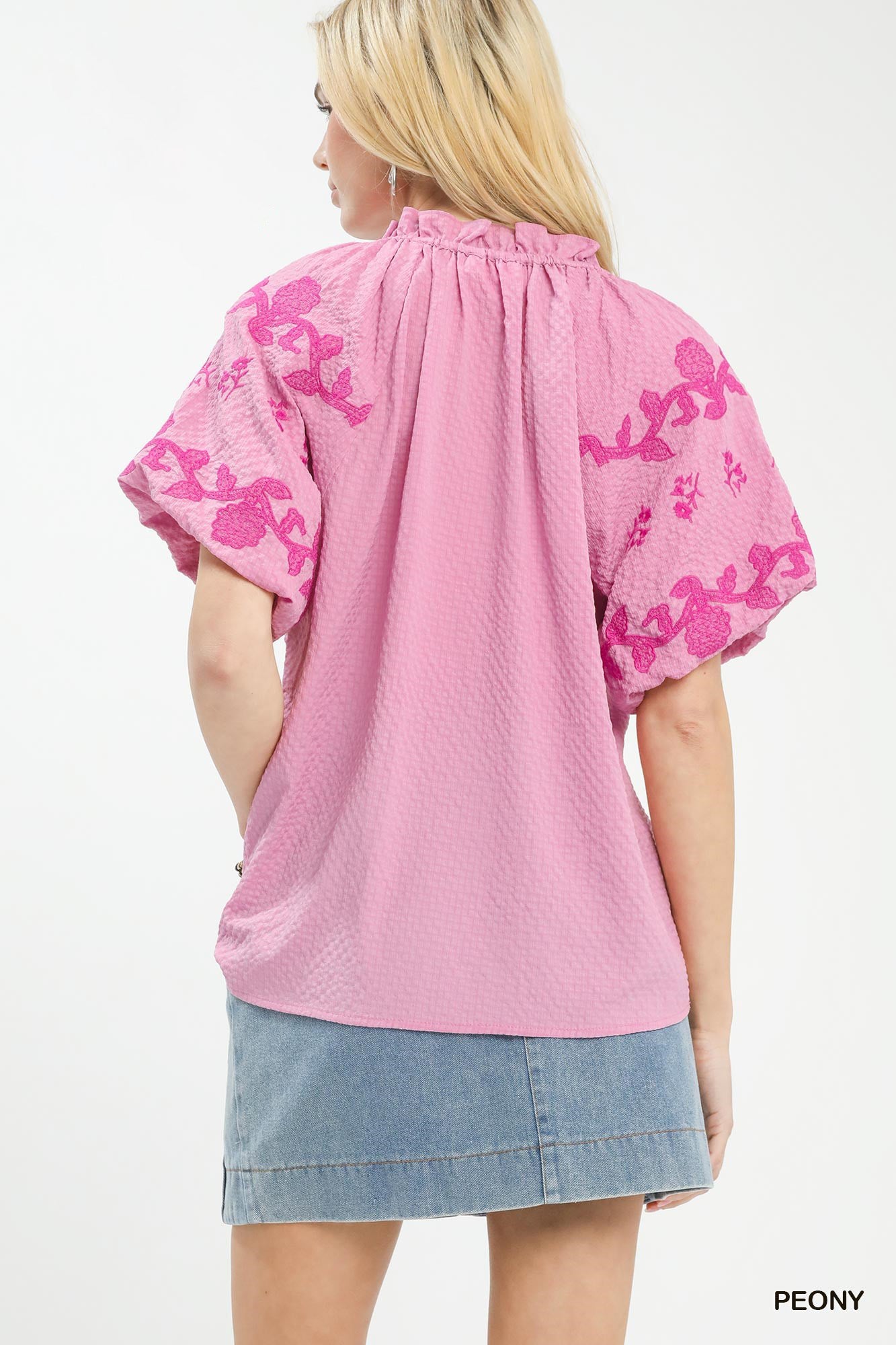 Peony pink embroidered flutter-sleeve top, back view with gathered neck
