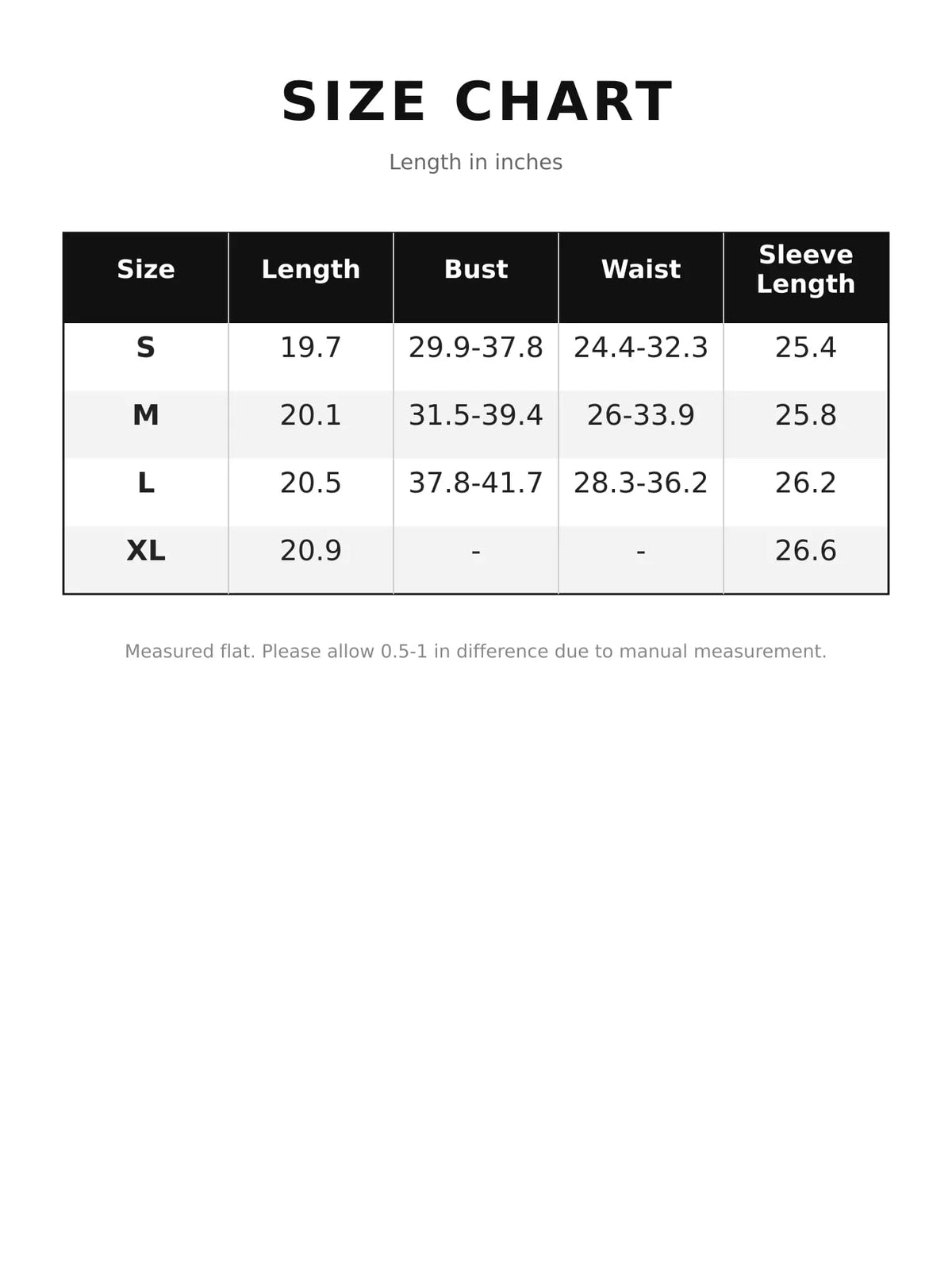 Size chart (length, bust, waist, sleeve length) for lace-trim V-neck long sleeve tee