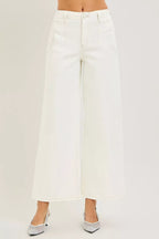 RISEN high-rise cream denim wide-leg ankle pants, back view with center seam