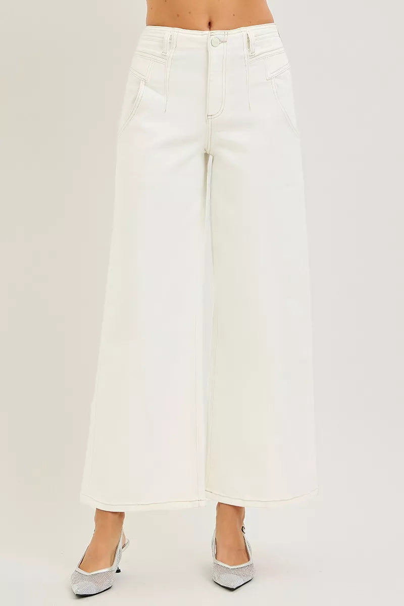 RISEN high-rise cream denim wide-leg ankle pants, back view with center seam