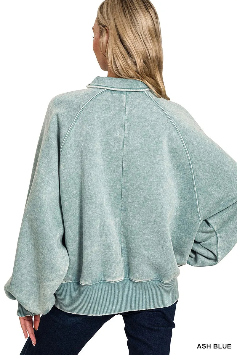 Acid Wash Fleece Collared Sweatshirt – Vintage Cozy Women’s Pullover