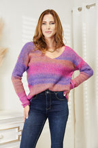 Multicolored V-Neck Pullover Sweater – Cozy, Textured & Stylish