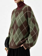 Fuzzy argyle knit sweater in green and brown with white diamond pattern, long sleeves