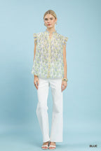 Floral split-neck flutter sleeve blouse with light blue pattern