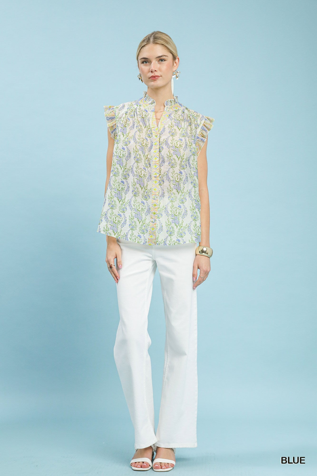 Floral split-neck flutter sleeve blouse with light blue pattern