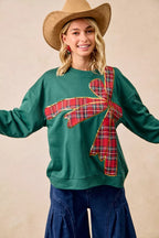 BiBi Plaid Ribbon Bow Christmas Fleece Pullover – Festive Cozy Holiday Top