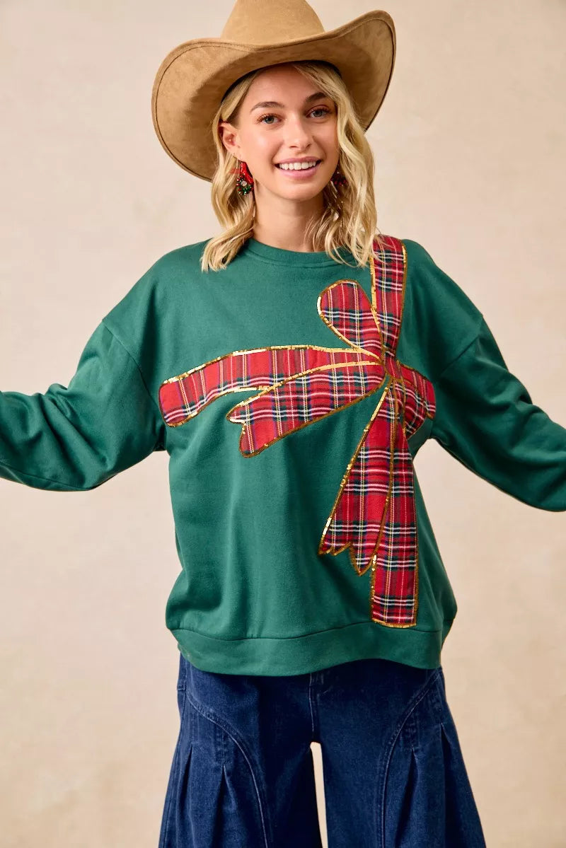 BiBi Plaid Ribbon Bow Christmas Fleece Pullover – Festive Cozy Holiday Top
