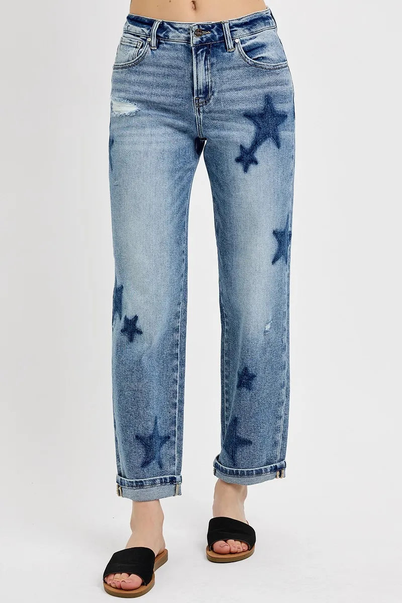 Dreamkue-Risen Women's Mid Rise Boyfriend Jeans with Star Shadow Detail and Cuffed Hem