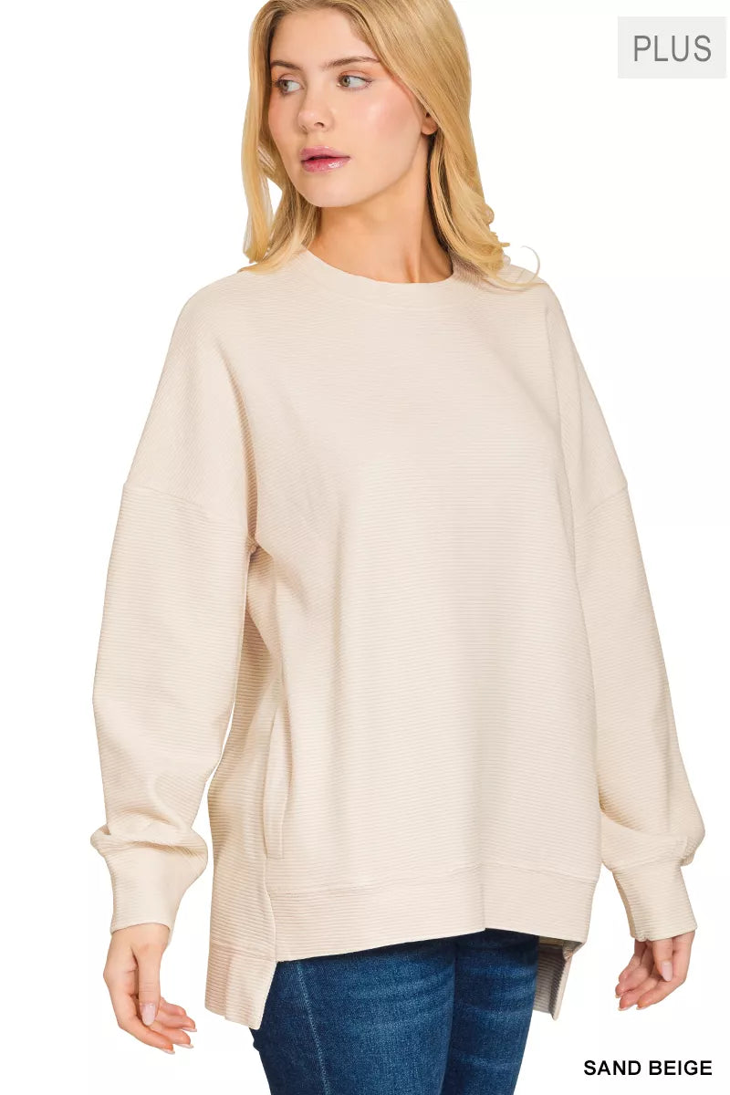 Acid Washed Double Ribbed Hi-Low Pullover