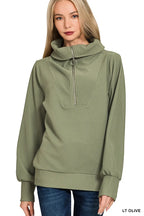 Olive Green Ribbed Knit Lounge Set – Half-Zip Hoodie & Palazzo Pants