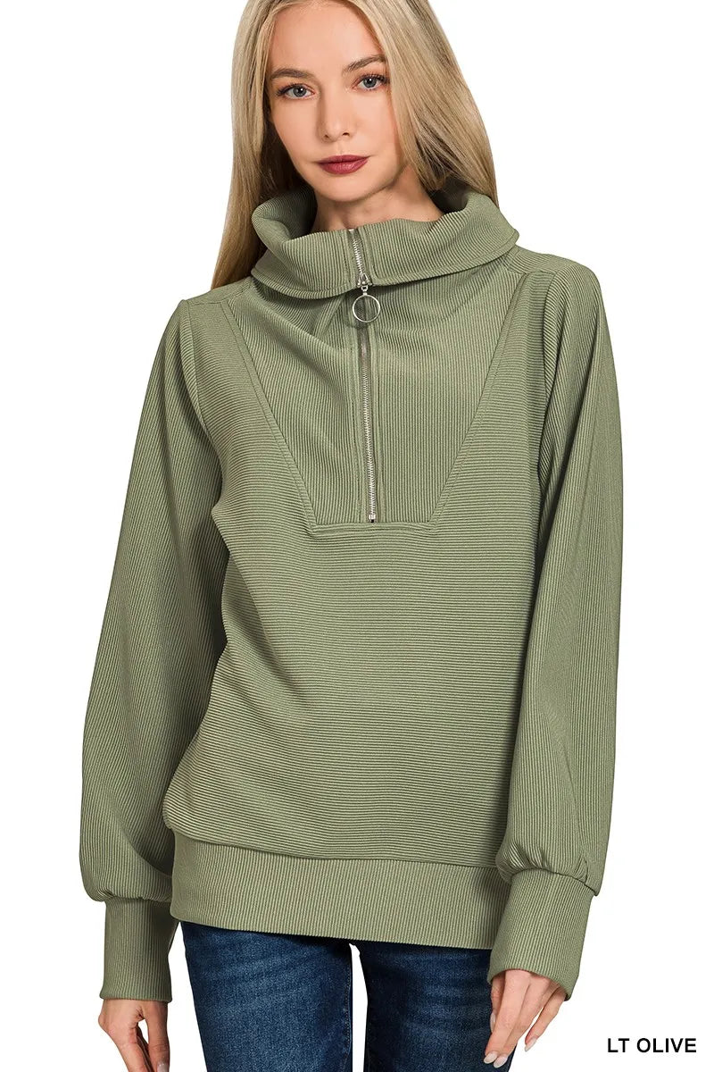 Olive Green Ribbed Knit Lounge Set – Half-Zip Hoodie & Palazzo Pants