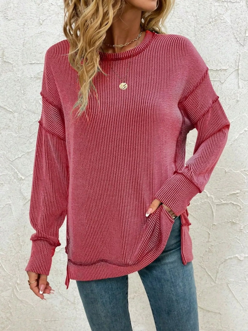 Side Slit Round Neck Dropped Shoulder Sweatshirt – Relaxed Casual Fit