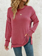 Side Slit Round Neck Dropped Shoulder Sweatshirt – Relaxed Casual Fit