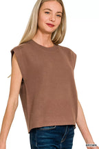 Women’s brown round-neck sleeveless viscose sweater vest, front view