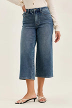 Mid-wash wide-crop jeans, back view with yoke and two patch pockets