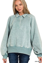 Acid Wash Fleece Collared Sweatshirt – Vintage Cozy Women’s Pullover