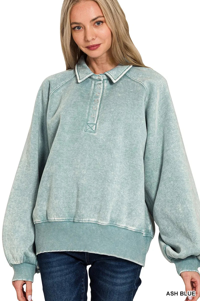 Acid Wash Fleece Collared Sweatshirt – Vintage Cozy Women’s Pullover