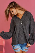 Charcoal hooded knit hoodie with front button placket and gathered long sleeves