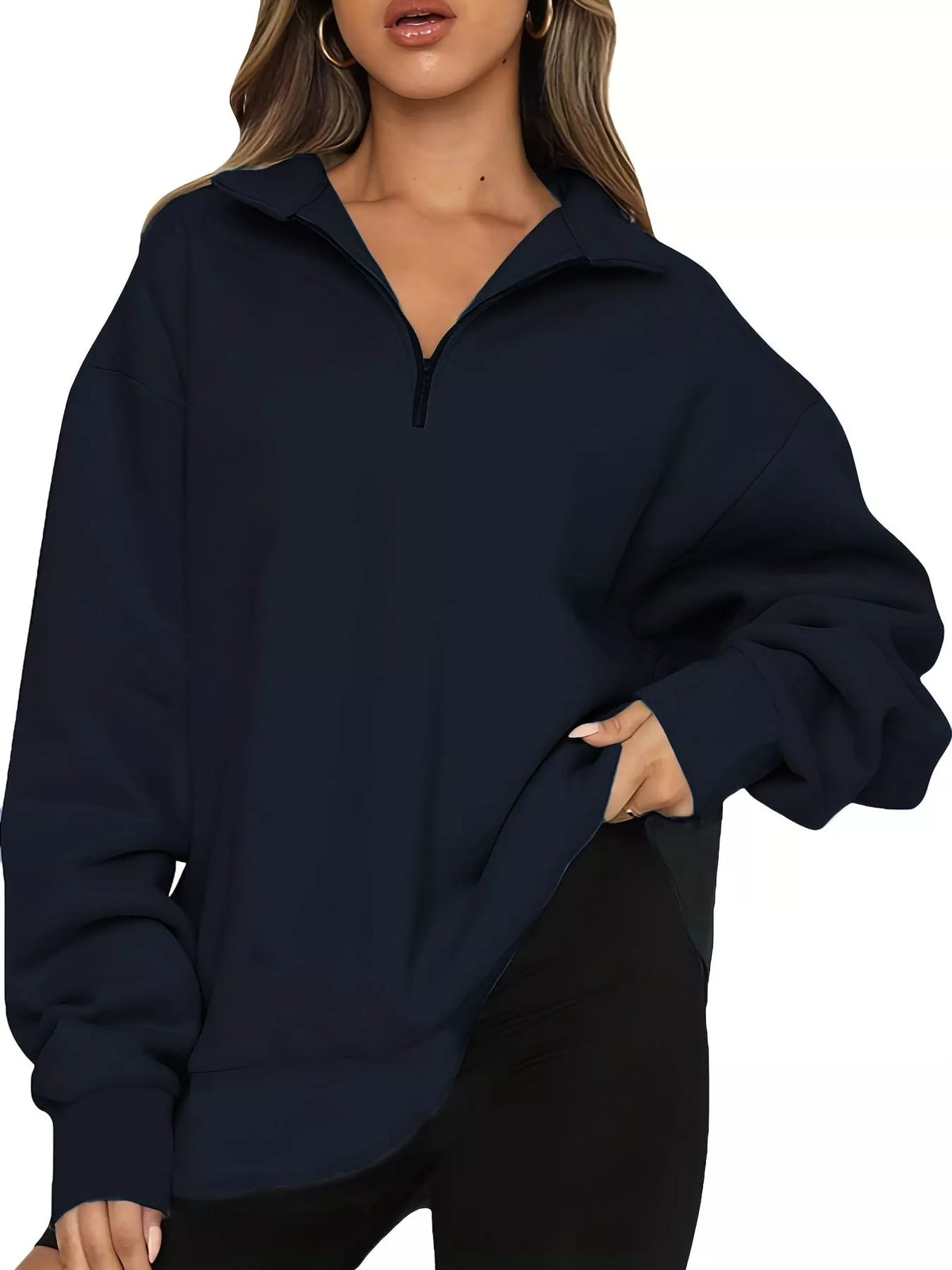 Navy oversized zip-neck sweatshirt with black-trim half-zip and ribbed cuffs