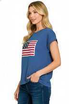 Light navy womens round-neck T-shirt with American flag graphic on side, short sleeves