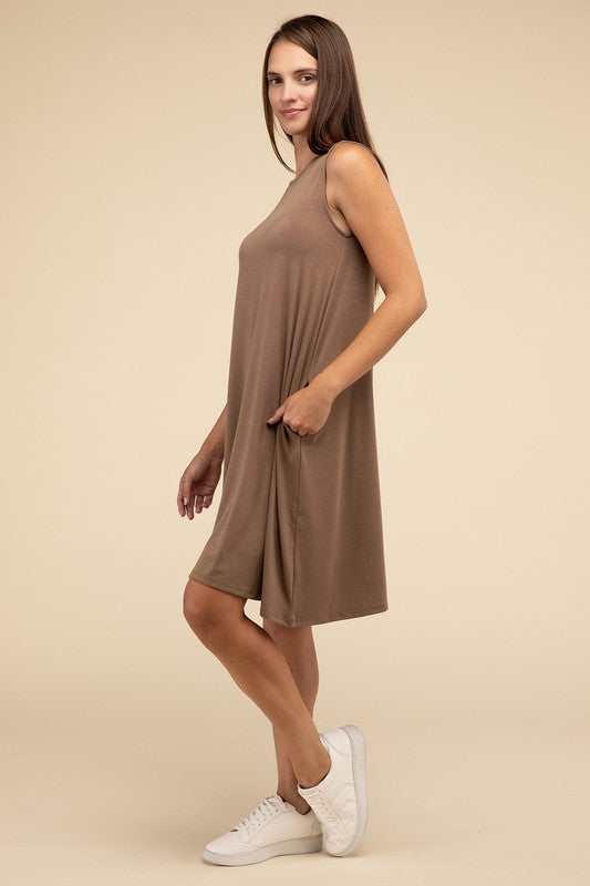 Zenana Sleeveless Flared Dress with Side Pockets