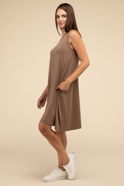 Zenana Sleeveless Flared Dress with Side Pockets