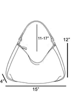 Crescent shoulder bag size diagram: 15in width, 11–17in length, 12in height, 4in base