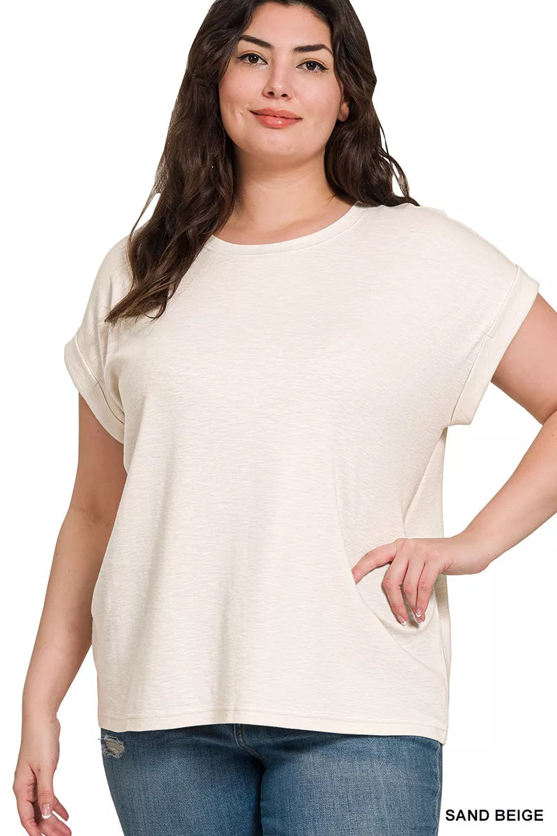 Zenana Cotton Modal Slub Rolled Sleeve T-Shirt – Soft & Effortless