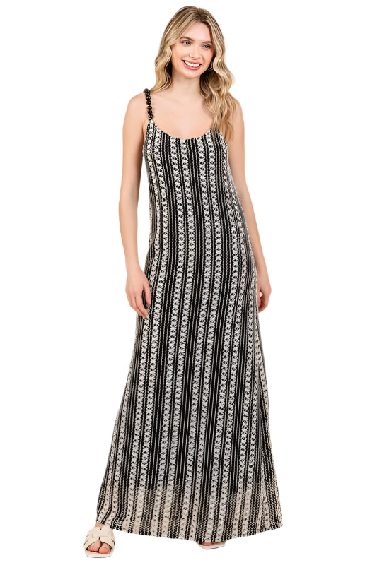 GeeGee Striped Scoop Neck Beaded Strap Maxi Cami Dress